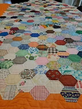 Vintage Handmade Multicolor Hexagon Patchwork Quilt with Orange Border